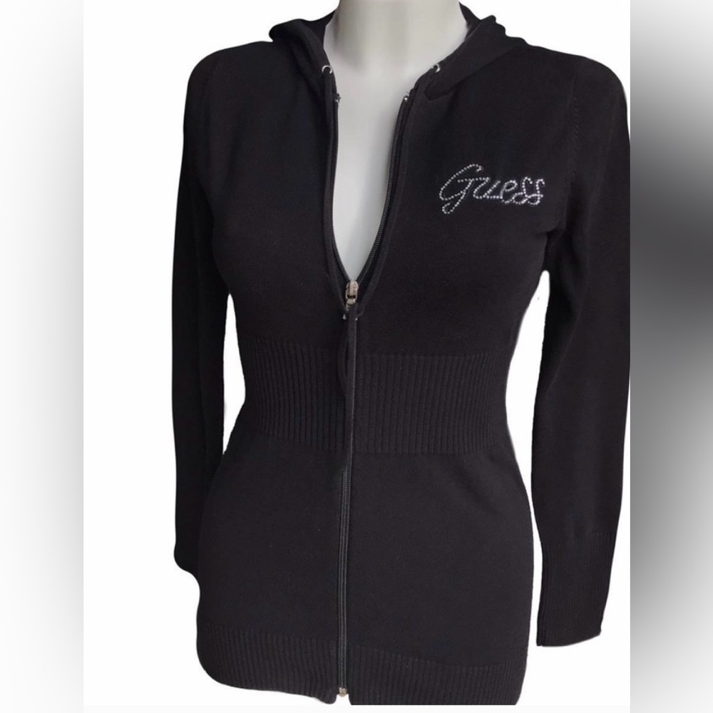 Guess Y2K Black Rhinestone Knit Hoodie Sweater